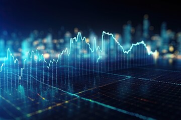 Perspective view of stock market growth, business investing and data concept with digital financial chart graphs, diagrams and indicators 