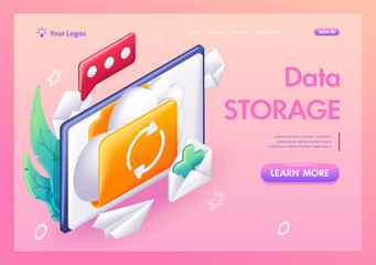 3D Isometric, cartoon. Mobile app. Cloud storage icon. Yellow folder with data on the tablet screen. Trending Landing Page