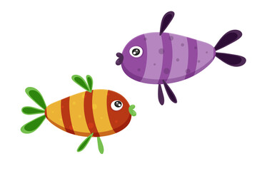 Couple of ocean fishes. Aquarium little fish icon isolated on white background. Sea animal in cartoon style. Funny tropic underwater wild life, colorful exotic fish collection. Vector illustration