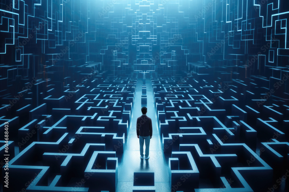 Poster person find exit from labyrinth in digital world. human silhouette lost in futuristic technology maz