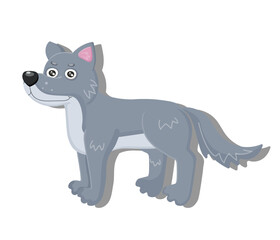 Woodland gray wolf animal. Cute forest wildlife grey kind wolf character. Perfect for scrapbooking, card, poster, sticker kit. Children educational banner. Fauna image for kid. Vector illustration