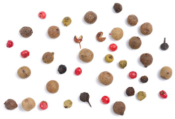 Aromatic pepper, black and red pepper on a white isolated background, culinary spices