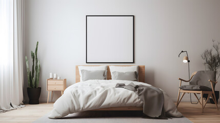 Clean interior design bedroom blank frame in the wall