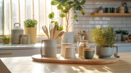 Fototapeta na wymiar Kitchen wooden table top with breakfast at morning time. Scandinavian style vintage kitchen interior. Created with Generative AI