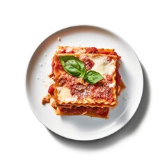 Delicious Plate of Beef Lasagna with Tomato Sauce on a White Background Generative AI