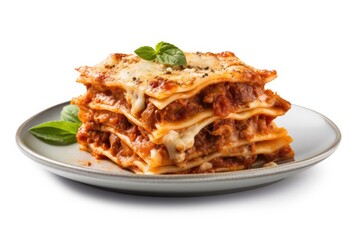 Delicious Plate of Beef Lasagna with Tomato Sauce on a White Background Generative AI - obrazy, fototapety, plakaty