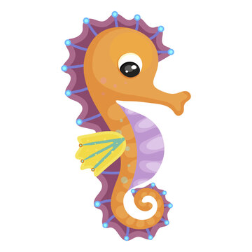 Seahorse small marine fish, aquatic creature icon isolated on white background. Sea animal in cartoon style. Funny tropic underwater wild life, colorful exotic aquarium collection. Vector illustration