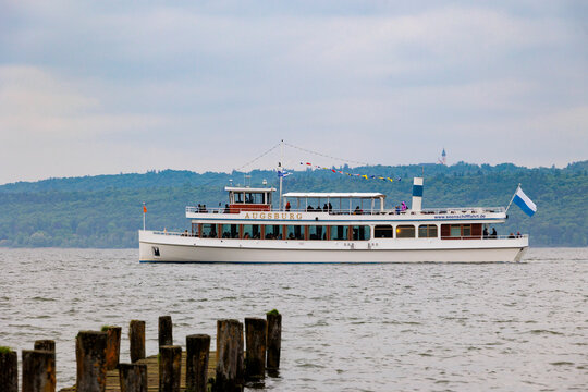 Passenger ship Augsburg of the Ammersee Dampschiffahrt on the passenger ferry Diessen, Herrsching, Germany, 19.5.2023