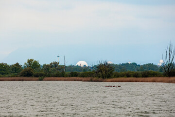 Radome and earth station in Raisting am Ammersee seen from the lake