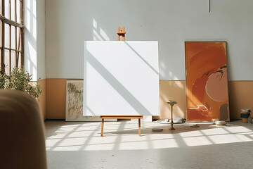artistic empty frame canvas mock up in a curated whimsical studio setting with natural light and shadows - ai generative art