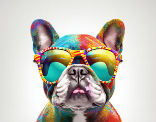 Cartoon colorful dog with sunglasses on white background. Created with generative ai