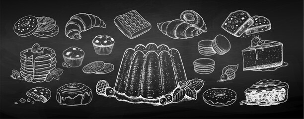 Vector chalk sketchy illustrations set of desserts and sweet food on chalkboard background