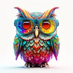 Fototapete Eulen-Cartoons Cartoon colorful owl with sunglasses on isolated background. Created with generative ai