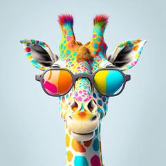 Naklejki  Cartoon colorful giraffe with sunglasses on isolated background. Created with generative ai