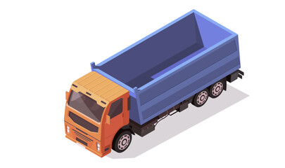 Large dump truck icon. Industrial vehicle for building and construction yard. Heavy industry automobile in 3D isometric style. Vector illustration isolated on white background