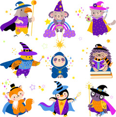 Baby animal wizards, cartoon wizard animals. Isolated magic childish characters. Halloween adorable creatures, fairy tale nowaday vector graphic
