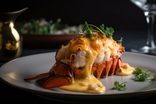  lobster thermidor. a French dish consisting of a whole lobster tail baked with a creamy brandy sauce, egg yolks and gruyere cheese. Generative AI