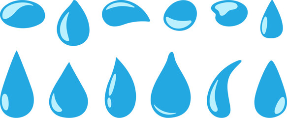Blue raindrops icons, decorative pears or drops various shapes set. Isolated water drips signs, abstract falling wet neoteric vector clipart