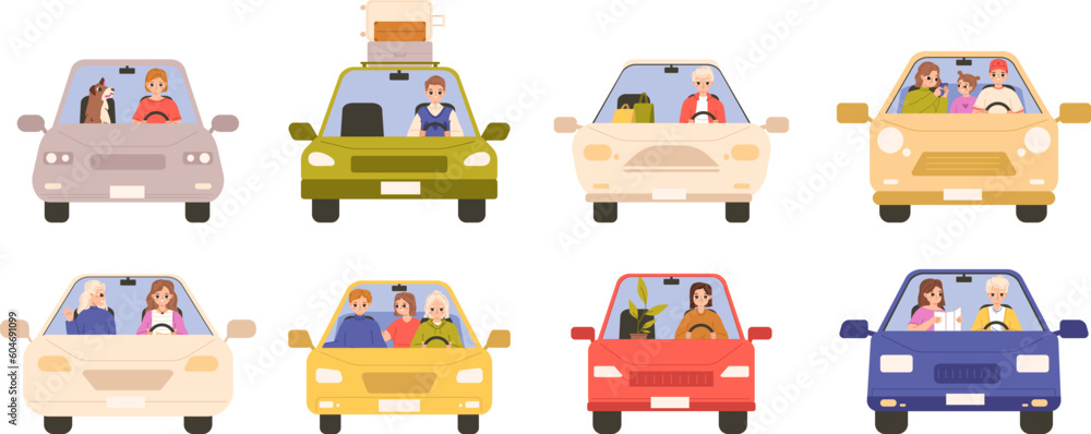 Poster People driving cars front view. Alone at road, isolated family and couples in cars. Friends ride, young and adults drivers snugly vector clipart