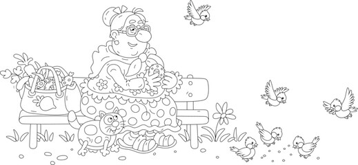Fototapeta na wymiar Funny granny with her plump cat sitting on a bench after shopping and feeding with bread crumbs merry small birds flying in a summer park, black and white vector cartoon for a coloring book