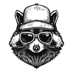 cool raccoon wearing sunglasses and cap vector sketch - obrazy, fototapety, plakaty