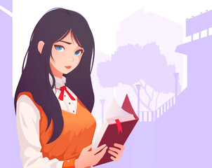 Anime cute girl with big blue eyes and long black hair reading book. Beautiful woman character with asian sweet face. Japanese, chinese, korean schoolgirl or student in uniform. Vector illustration 