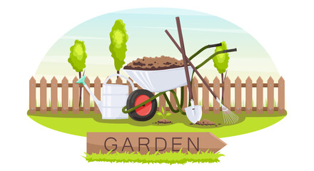 Backyard garden set with cultivated soil, shovel and rake, watering can and wheelbarrow, brown fence and green trees. Gardening equipment at lawn isolated on white background. Vector illustration