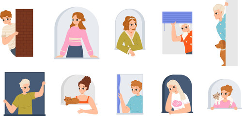 Peeping teenagers, cartoon people hiding with pets. Curious young adults, happy joyful person search or spy. Snugly spying vector characters