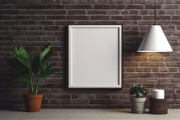Blank wooden picture frame mockup on an old brick wall, Mood swings full livestyle home scene, AI-generatet