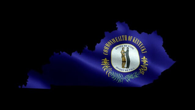 4K waving detailed textured flag of Kentucky animation on the map. Loop alpha channel seamless Kentuckian flag on territory. Outline geographic state border of Kentucky stock video.