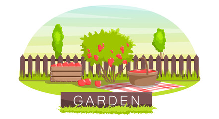 Backyard garden with fruit trees. Brown country fence on background. Village gardening poster. Picnic sticker of lawn with basket full of red tomato vegetables and apple fruit. Vector illustration