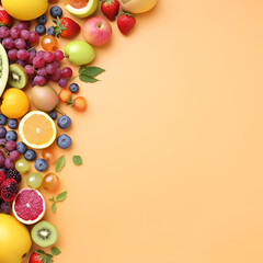 Whole and cut fruit on a yellow pastel background. Citrus and berries. Top view, flat lay. Generative AI