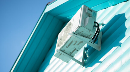 White air conditioner on the facade of an azure wooden house. Air conditioning heat pump outdoor...
