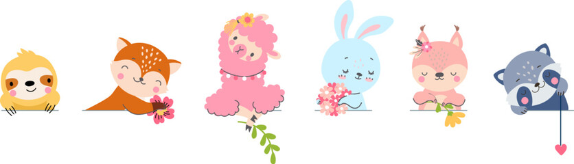 Obraz na płótnie Canvas Cute cartoon decorative animals. Rabbit, raccoon, squirrel and fox. Childish animal sticker, woodland vector funny characters