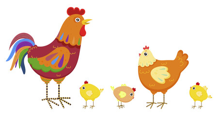 Set of chicken family isolated on white background. Colorful cock with hen and little yellow chickens. Cute domestic kind birds in cartoon style. hen, yellow chicken, cockerel. Vector illustration