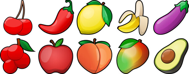set of fruits and vegetables icon logos. vector illustration of a banana, grape, berries, avocado, peach, mango, apple, chilli pepper, lemon, cherry, eggplant in emoticon style for stickers emblem