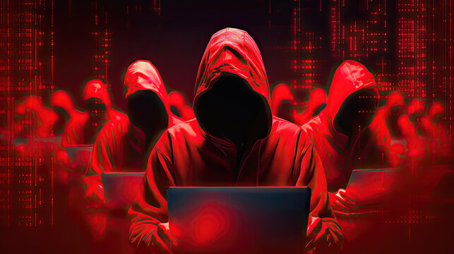 Dangerous hackers group in red hoods working on laptops. Postproducted generative AI illustration.