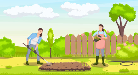 Farmer women in backyard garden with cultivated soil rake. Brown color fence and blue sky with clouds on background. Girls in process of planting seeds of vegetables garden plants. Vector illustration