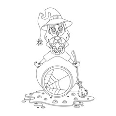 Girl dressed as a witch holding a pumpkin in her hands, coloring book, vector illustration