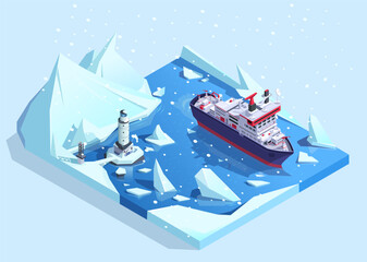 Icebreaker vessel in arctic ocean create northern cargo way. Nuclear powered industrial ship sailing in Antarctica. Navigation lighthouse in snowy weather. Winter nautical travel. Vector illustration © GN.STUDIO