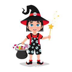 Happy cute little kid in witch costume celebrating halloween
