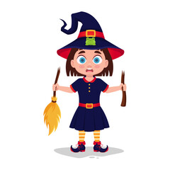 Cute little girl in a witch costume holding a broken broom