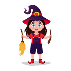 Cute little girl in a witch costume is upset because of a broken broom