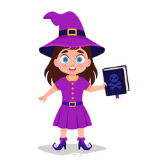 Cute child in a witch costume holding a book