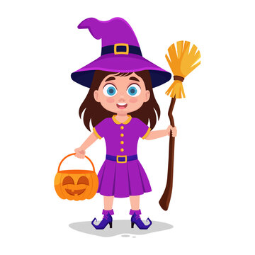 Happy cute little kid holiday halloween dressed as witch