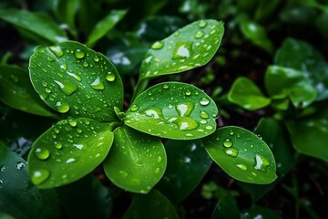 Glistening Water Droplets on Green Foliage. AI