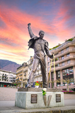 MONTREUX, SWITZERLAND - APRIL 14, 2022 : A statue of Freddie Mercury, a british rockstar and the singer of Queen, locate at Geneva lake, Montreux