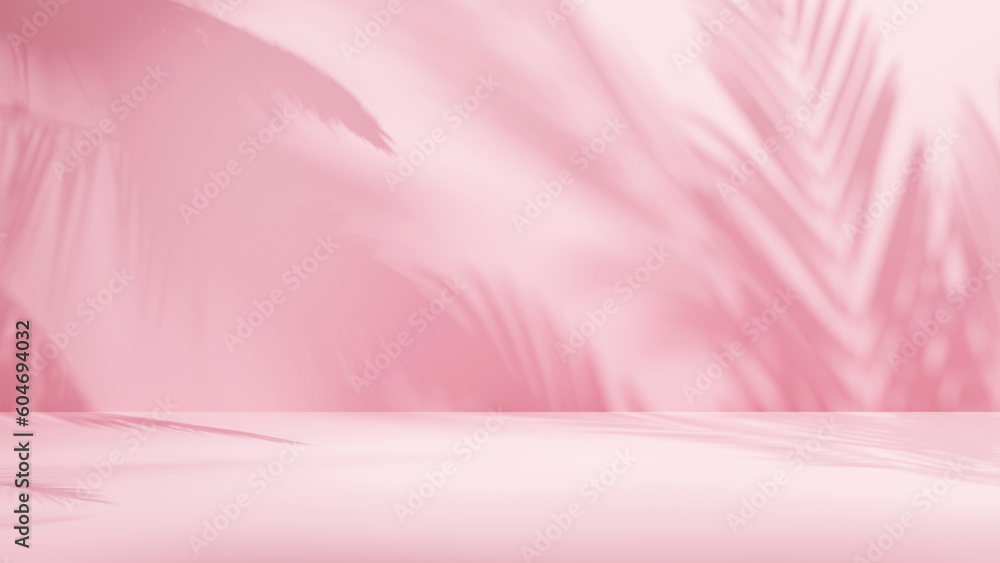 Poster room empty background with palm leafs shadows stage podium for design and products sunlights and sha