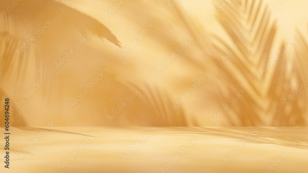 Poster room empty background with palm leafs shadows stage podium for design and products sunlights and sha