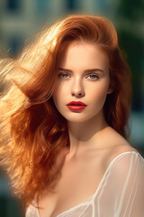 Portrait of  young woman with red hair and white blouse, sexy young woman, Generative AI